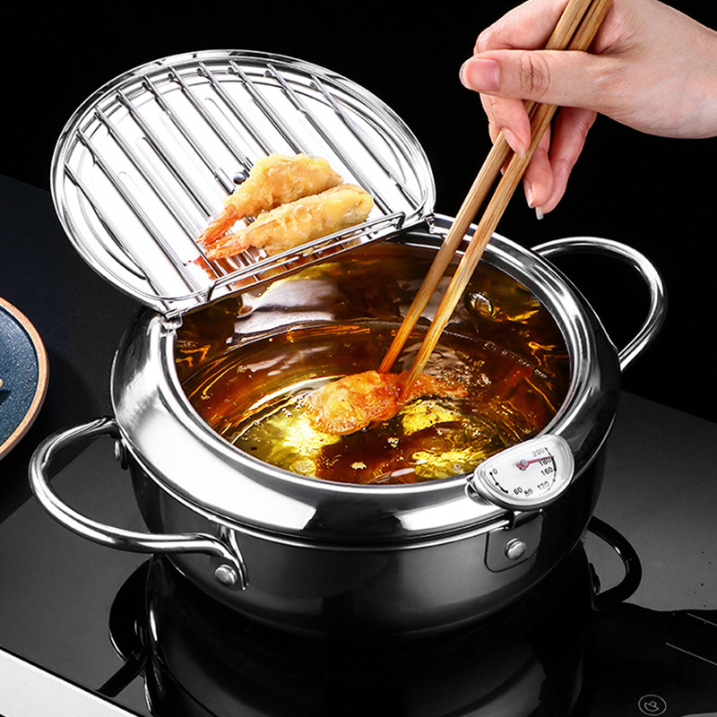 Commercial Kitchen Appliance - 温度計と蓋付きの日本の天ぷら鍋、304ステンレス鋼のフライパン、台所用品