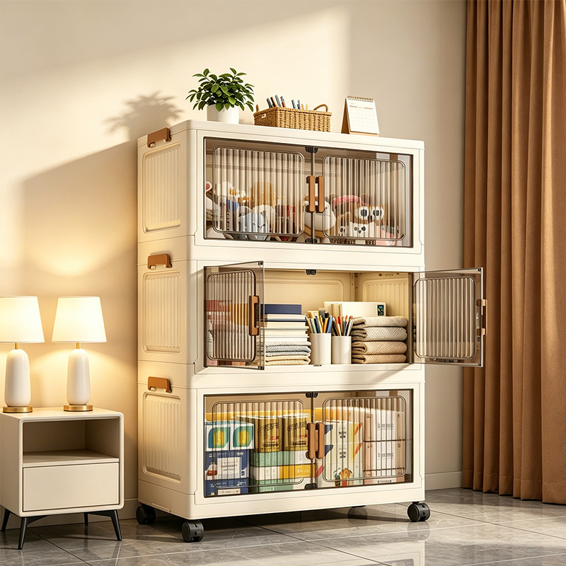 Commercial Kitchen Rack - 19.7インチ 3/4/5/6段折りたたみ式収納キャビネット（ホイール付き）、積み重ね可能なプラスチック製収納オーガナイザー（磁気ドア付き）、寝室、リビングルーム、キッチン、パントリー用の折りたたみ式収納棚、組み立て不要、ベージュ