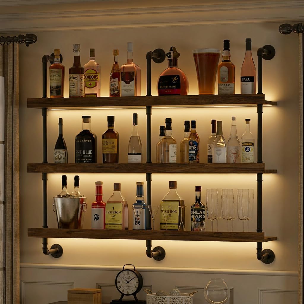 Commercial Kitchen Rack - 壁掛けワインラック LEDライト付き 3段フローティングバーシェルフ 酒瓶ディスプレイ収納用 モダンなワインホルダーオーガナイザー キッチン