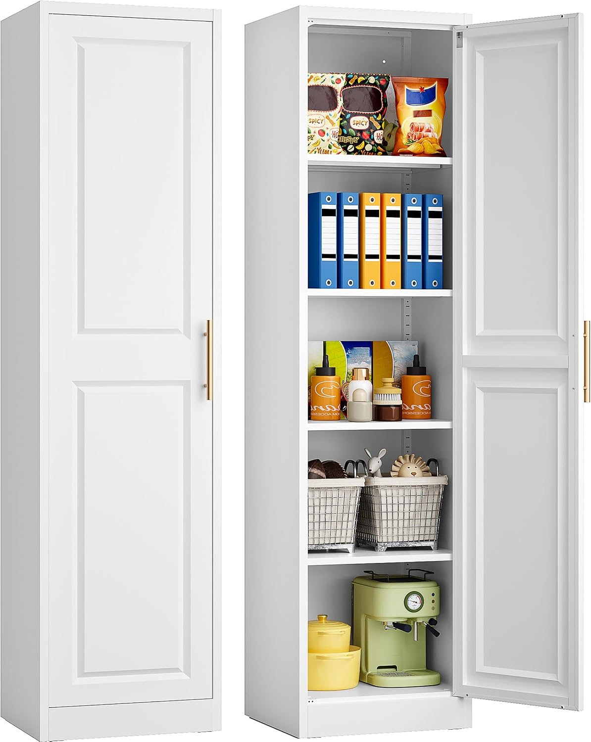 Commercial Kitchen Rack - 背の高い細長い収納キャビネット、1ドア5段、スリムキッチンパントリーキャビネット、金属製バスルームカップボード、大型オーガナイザーユニット、ホワイト
