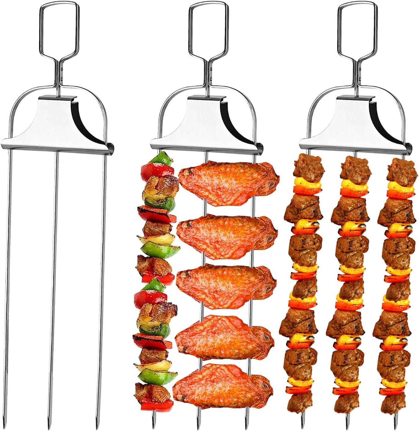Hot Dog Roller Grill - 3個入り串、ケバブスティック、グリル用14インチ3ウェイグリル串、プッシュロッドスライダー付きメタルバーベキュー串、BBQアクセサリー