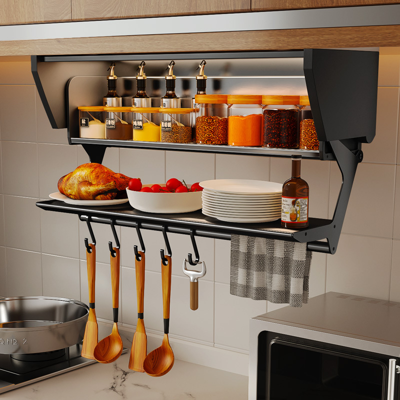Commercial Kitchen Rack - キッチンプルダウン折りたたみ調味料収納棚スペースアルミ壁掛け調味料ラックキャビネットの下大容量