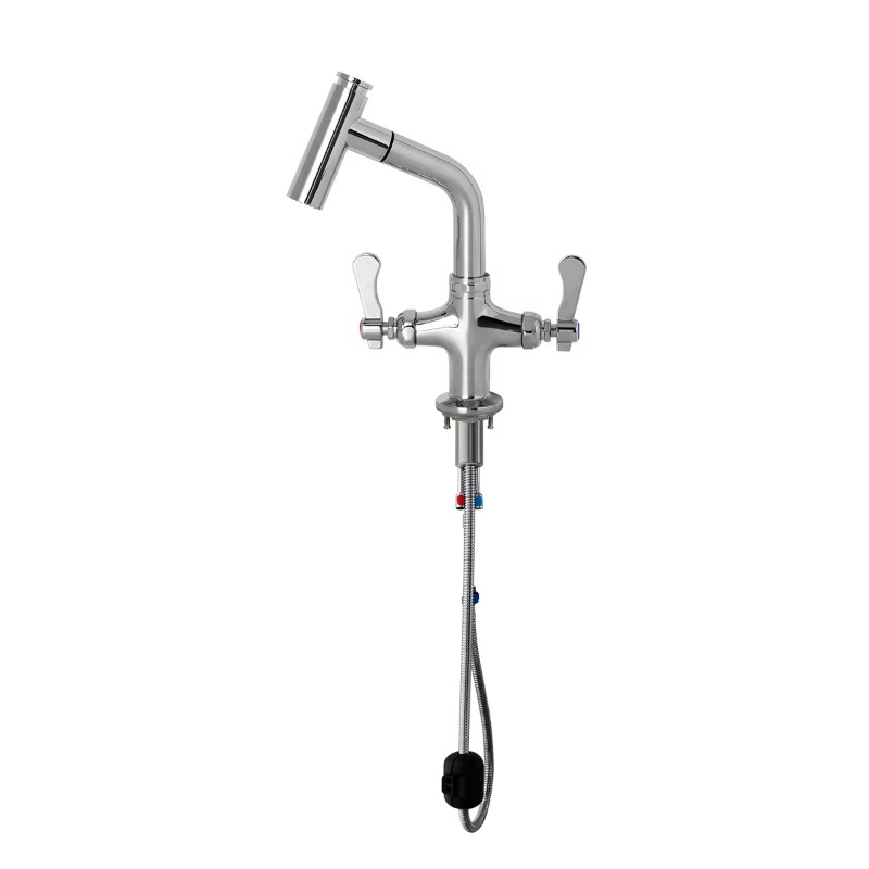 Commercial Quality Kitchen Faucet - 高品質ダブルハンドルカウンターマウントクロムメッキ業務用屋外キッチンシンク蛇口360度回転式プルダウンノズル