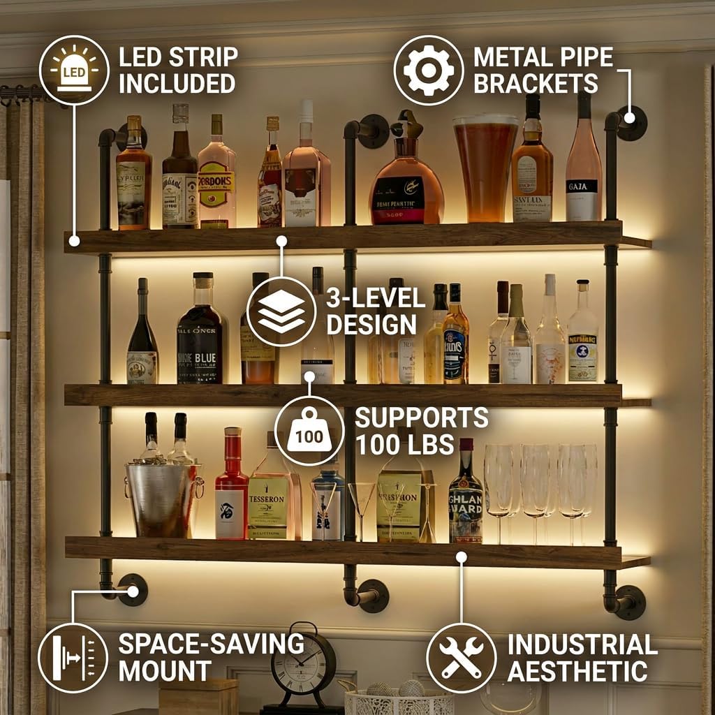 壁掛けワインラック LEDライト付き 3段フローティングバー - Commercial Kitchen Rack のレビューと価格